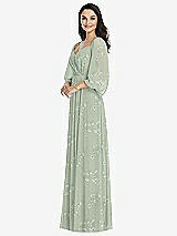 Front View Thumbnail - Vintage Primrose Sage Off-the-Shoulder Puff Sleeve Maxi Dress with Front Slit