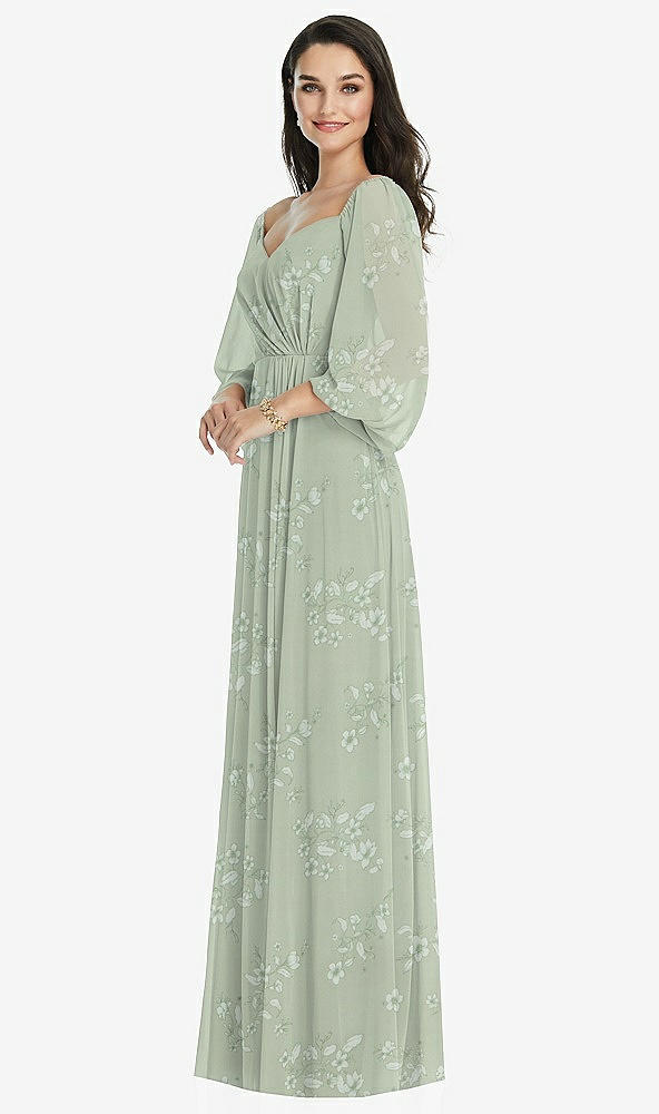 Front View - Vintage Primrose Sage Off-the-Shoulder Puff Sleeve Maxi Dress with Front Slit