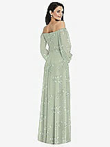 Rear View Thumbnail - Vintage Primrose Sage Off-the-Shoulder Puff Sleeve Maxi Dress with Front Slit