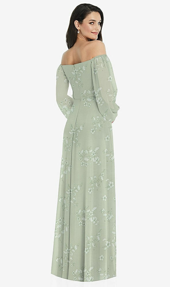 Back View - Vintage Primrose Sage Off-the-Shoulder Puff Sleeve Maxi Dress with Front Slit