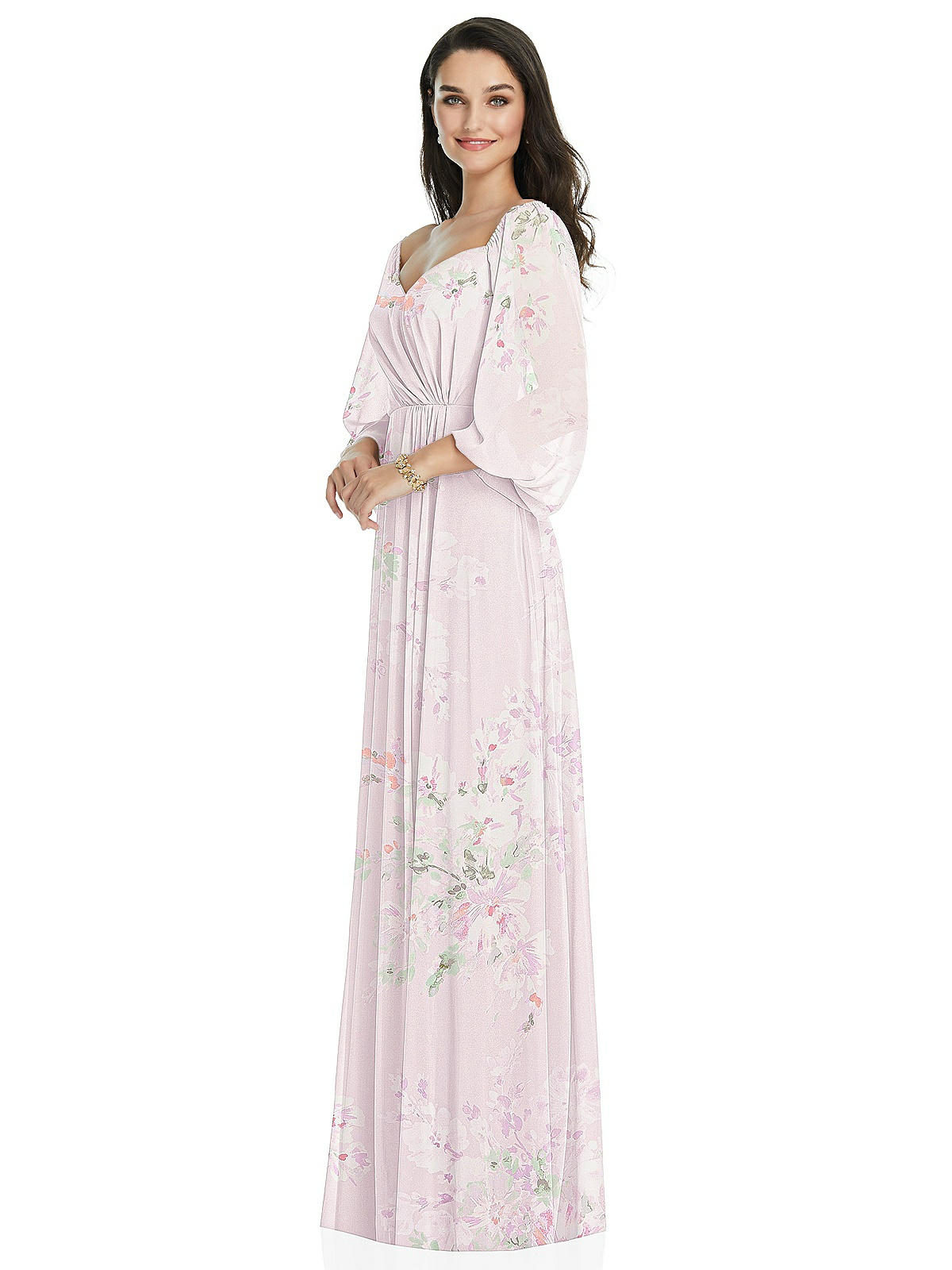 Off-the-shoulder Puff Sleeve Maxi Bridesmaid Dress With Front Slit In  Watercolor Print | The Dessy Group