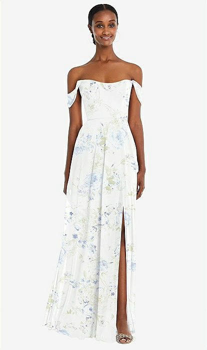 Off the shoulder Basque Neck Maxi Bridesmaid Dress With Flounce Sleeves In Bleu Garden The Dessy Group