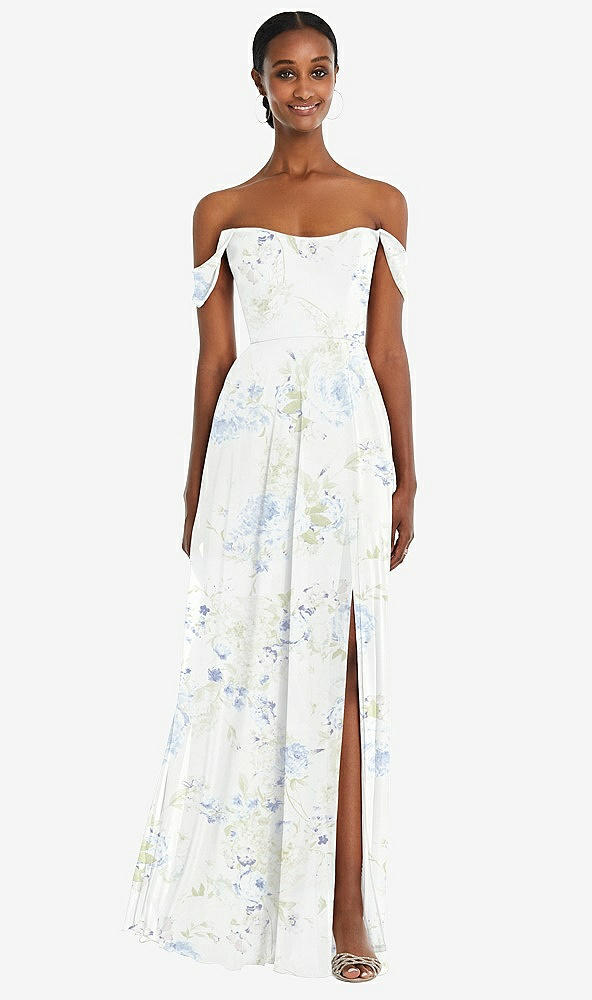 Front View - Bleu Garden Off-the-Shoulder Basque Neck Maxi Dress with Flounce Sleeves