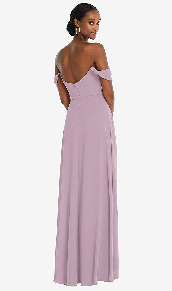 Back View - Suede Rose Off-the-Shoulder Basque Neck Maxi Dress with Flounce Sleeves