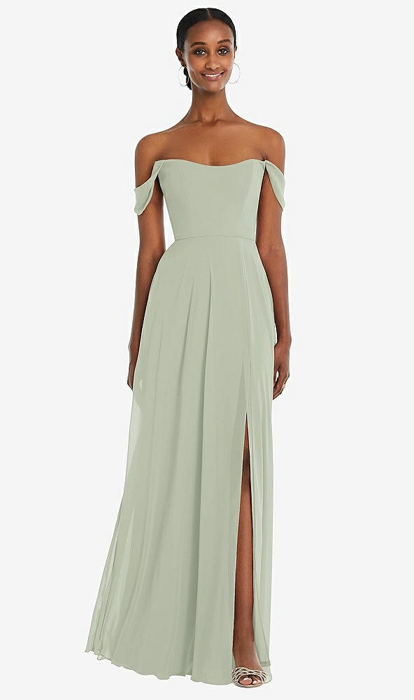 Front View - Celadon Off-the-Shoulder Basque Neck Maxi Dress with Flounce Sleeves