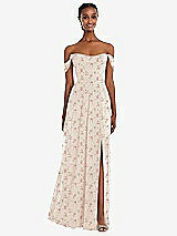 Front View Thumbnail - Coquette Floral Print Off-the-Shoulder Basque Neck Maxi Dress with Flounce Sleeves