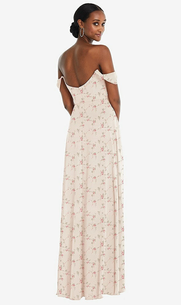 Back View - Coquette Floral Print Off-the-Shoulder Basque Neck Maxi Dress with Flounce Sleeves