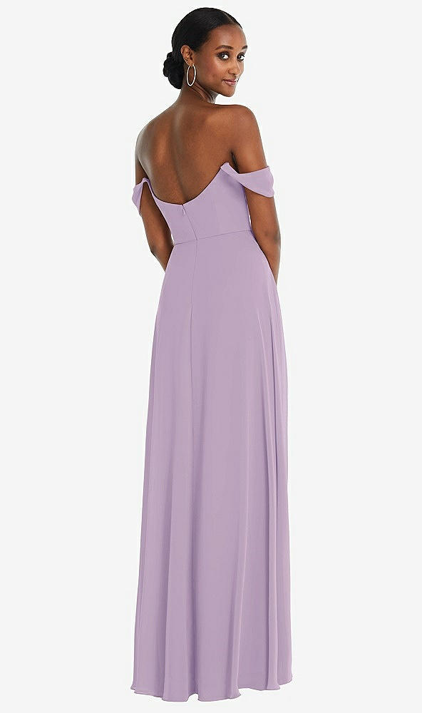 Back View - Pale Purple Off-the-Shoulder Basque Neck Maxi Dress with Flounce Sleeves