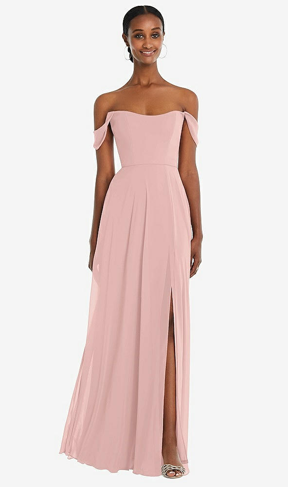 Front View - Rose - PANTONE Rose Quartz Off-the-Shoulder Basque Neck Maxi Dress with Flounce Sleeves