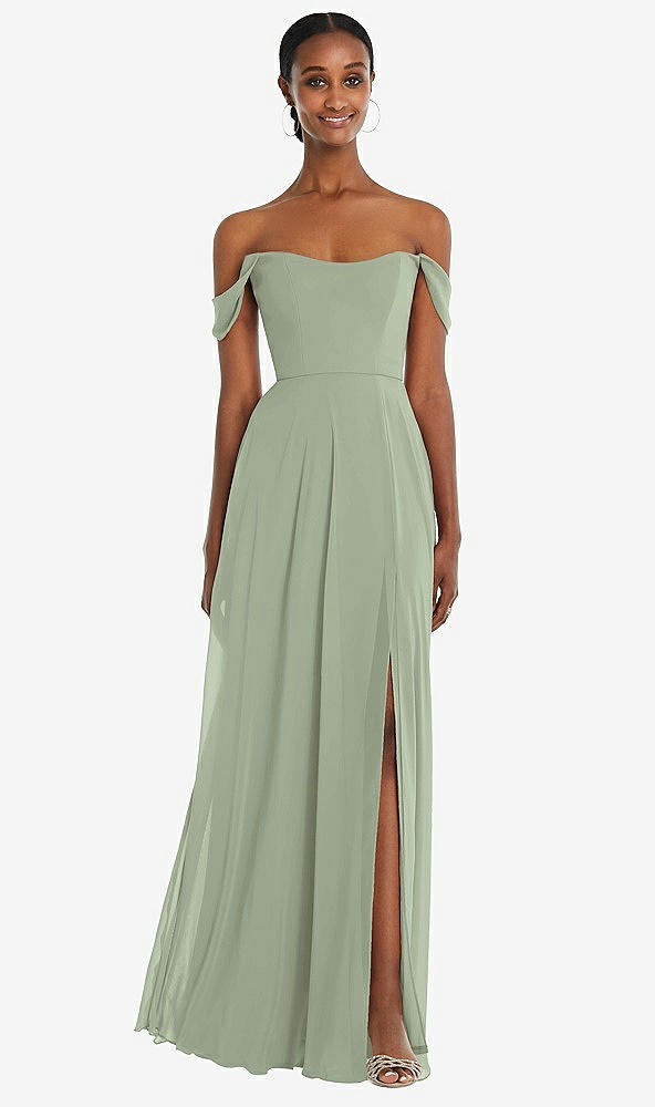 Front View - Sage Off-the-Shoulder Basque Neck Maxi Dress with Flounce Sleeves