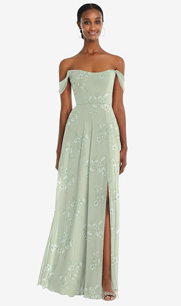 Front View - Vintage Primrose Sage Off-the-Shoulder Basque Neck Maxi Dress with Flounce Sleeves