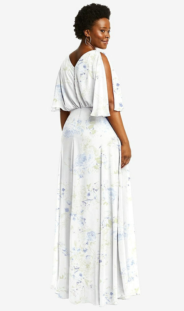 Back View - Bleu Garden V-Neck Split Sleeve Blouson Bodice Maxi Dress