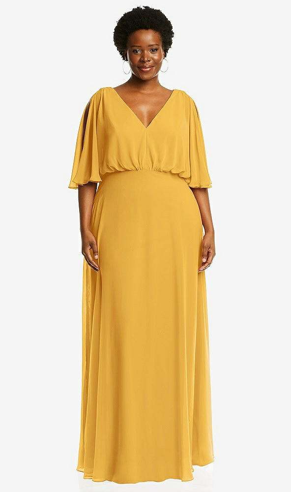 Front View - NYC Yellow V-Neck Split Sleeve Blouson Bodice Maxi Dress