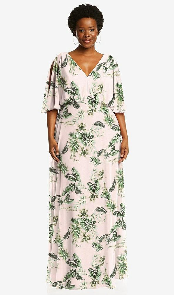 Front View - Palm Beach Print V-Neck Split Sleeve Blouson Bodice Maxi Dress