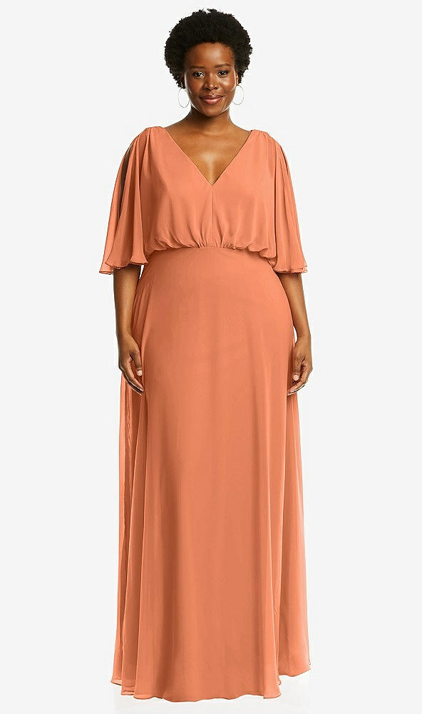 Front View - Sweet Melon V-Neck Split Sleeve Blouson Bodice Maxi Dress