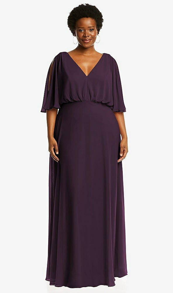 Front View - Aubergine V-Neck Split Sleeve Blouson Bodice Maxi Dress