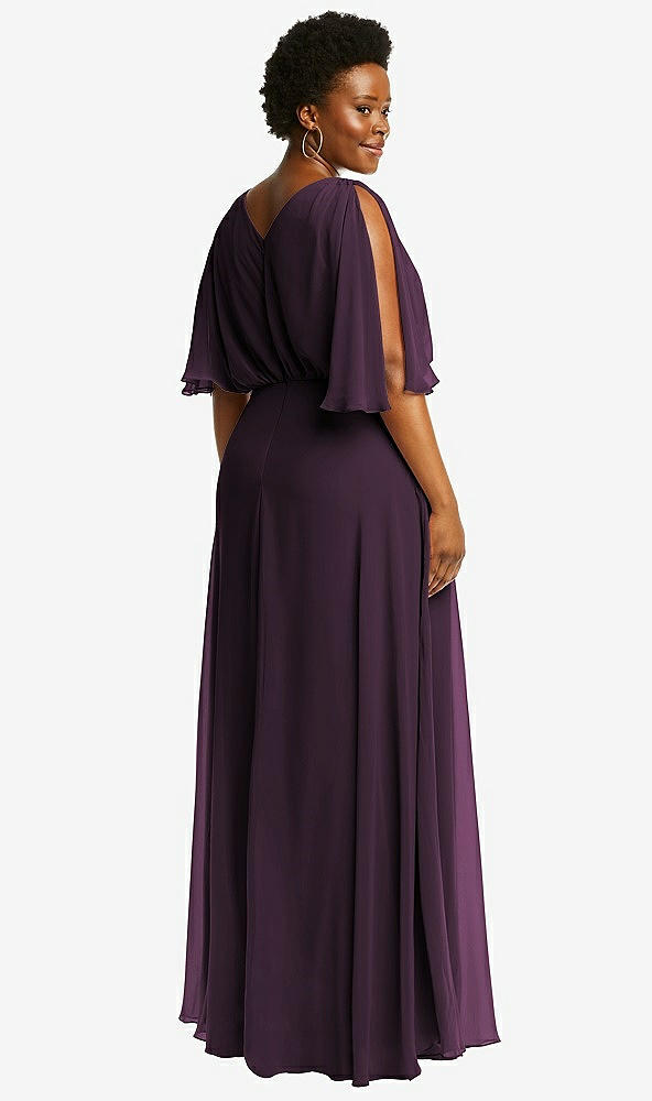 Back View - Aubergine V-Neck Split Sleeve Blouson Bodice Maxi Dress