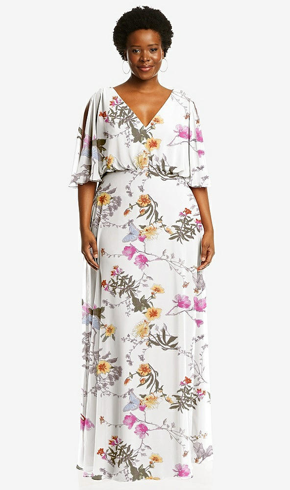 Front View - Butterfly Botanica Ivory V-Neck Split Sleeve Blouson Bodice Maxi Dress