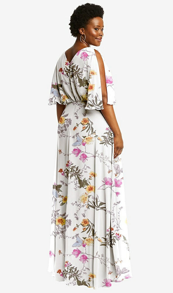 Back View - Butterfly Botanica Ivory V-Neck Split Sleeve Blouson Bodice Maxi Dress