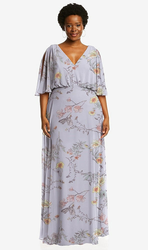 Front View - Butterfly Botanica Silver Dove V-Neck Split Sleeve Blouson Bodice Maxi Dress