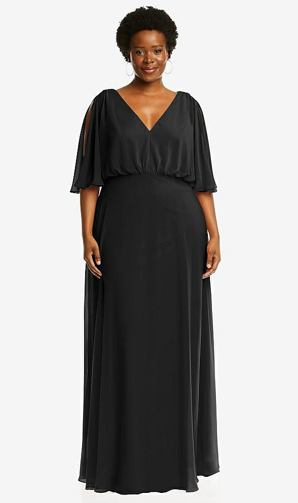 Front View - Black V-Neck Split Sleeve Blouson Bodice Maxi Dress