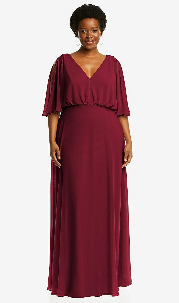 Front View - Burgundy V-Neck Split Sleeve Blouson Bodice Maxi Dress