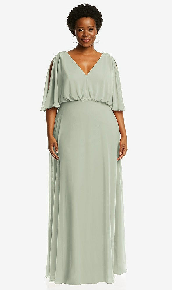 Front View - Celadon V-Neck Split Sleeve Blouson Bodice Maxi Dress