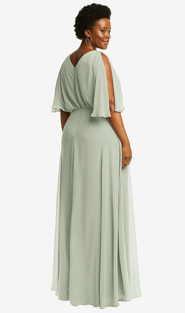 Back View - Celadon V-Neck Split Sleeve Blouson Bodice Maxi Dress