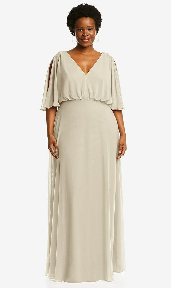 Front View - Champagne V-Neck Split Sleeve Blouson Bodice Maxi Dress