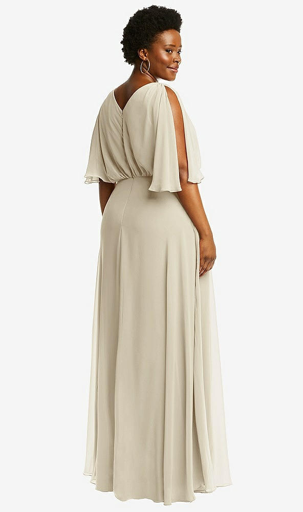 Back View - Champagne V-Neck Split Sleeve Blouson Bodice Maxi Dress