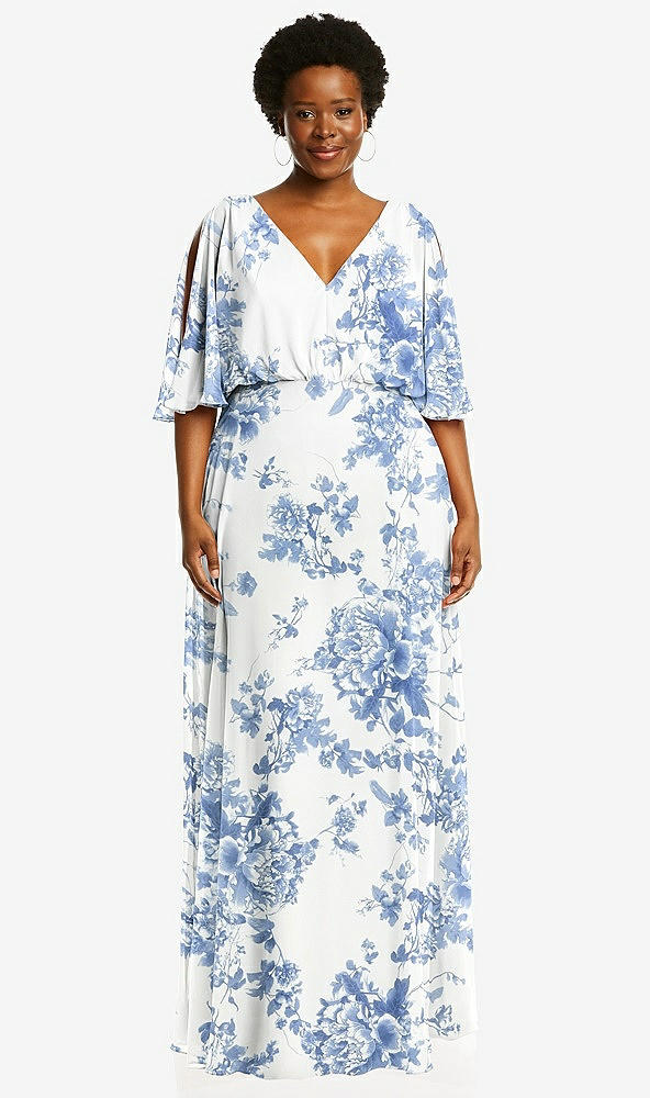 Front View - Cottage Rose Dusk Blue V-Neck Split Sleeve Blouson Bodice Maxi Dress