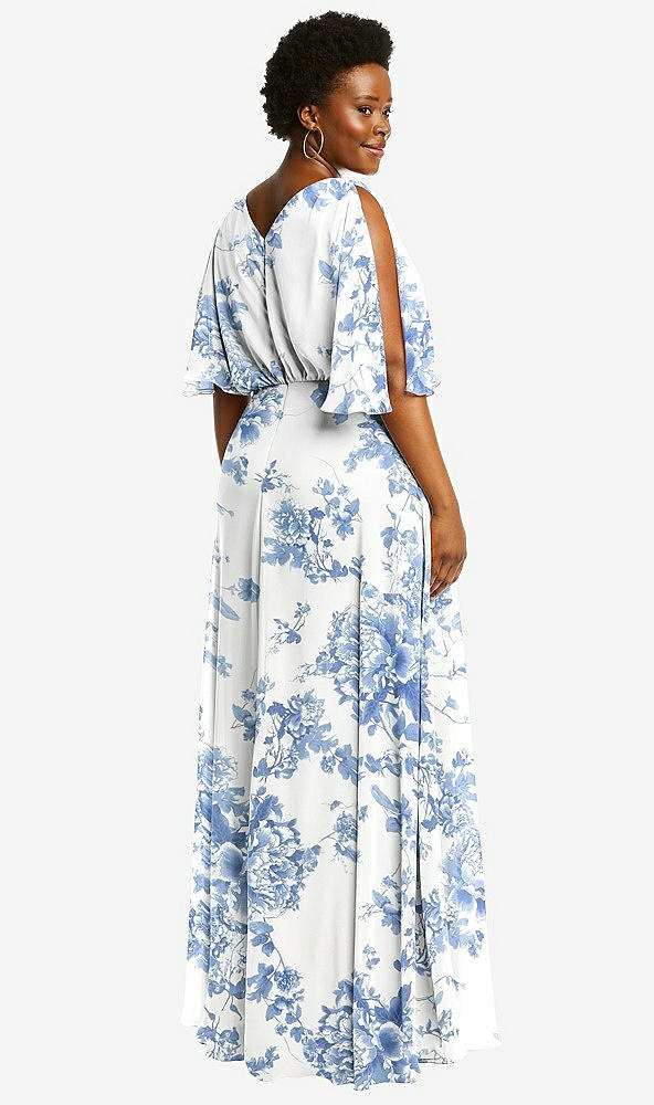 Back View - Cottage Rose Dusk Blue V-Neck Split Sleeve Blouson Bodice Maxi Dress