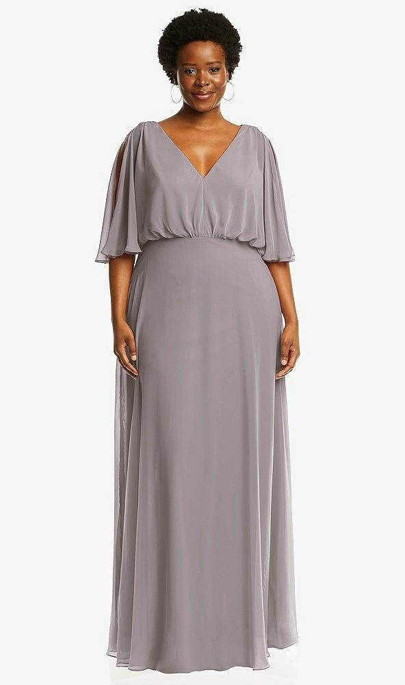 Front View - Cashmere Gray V-Neck Split Sleeve Blouson Bodice Maxi Dress