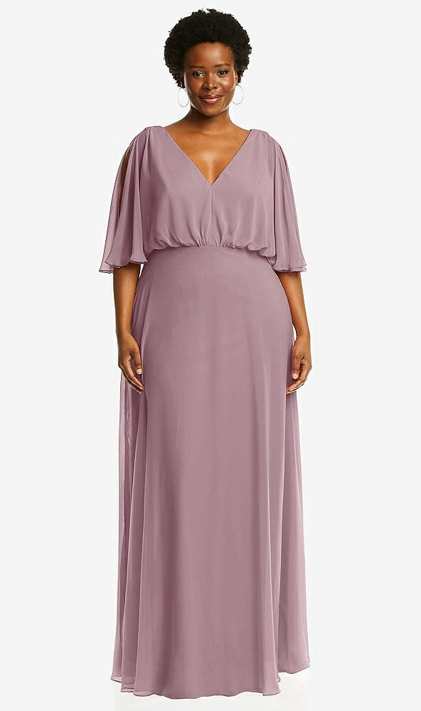 Front View - Dusty Rose V-Neck Split Sleeve Blouson Bodice Maxi Dress