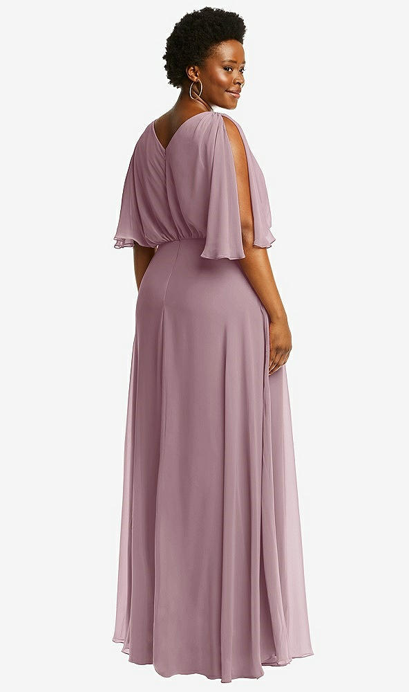 Back View - Dusty Rose V-Neck Split Sleeve Blouson Bodice Maxi Dress