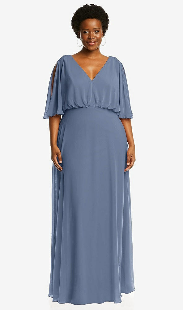 Front View - Larkspur Blue V-Neck Split Sleeve Blouson Bodice Maxi Dress