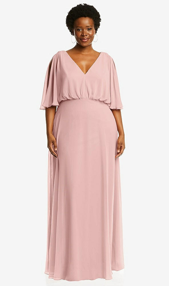 Front View - Rose - PANTONE Rose Quartz V-Neck Split Sleeve Blouson Bodice Maxi Dress