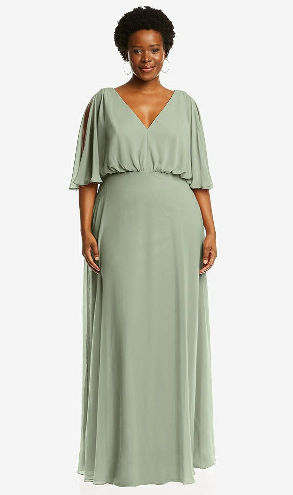 Front View - Sage V-Neck Split Sleeve Blouson Bodice Maxi Dress