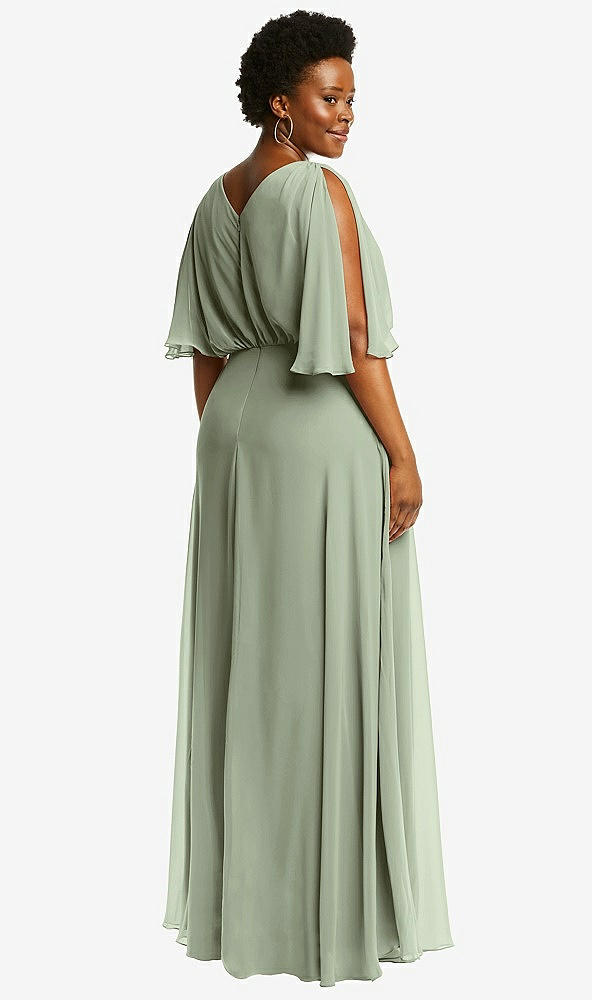 Back View - Sage V-Neck Split Sleeve Blouson Bodice Maxi Dress