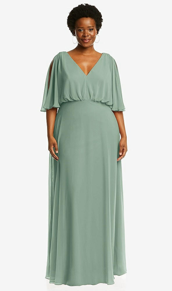 Front View - Seagrass V-Neck Split Sleeve Blouson Bodice Maxi Dress