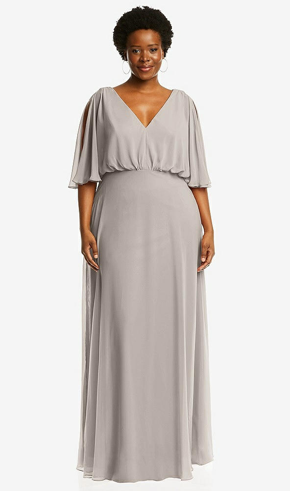 Front View - Taupe V-Neck Split Sleeve Blouson Bodice Maxi Dress