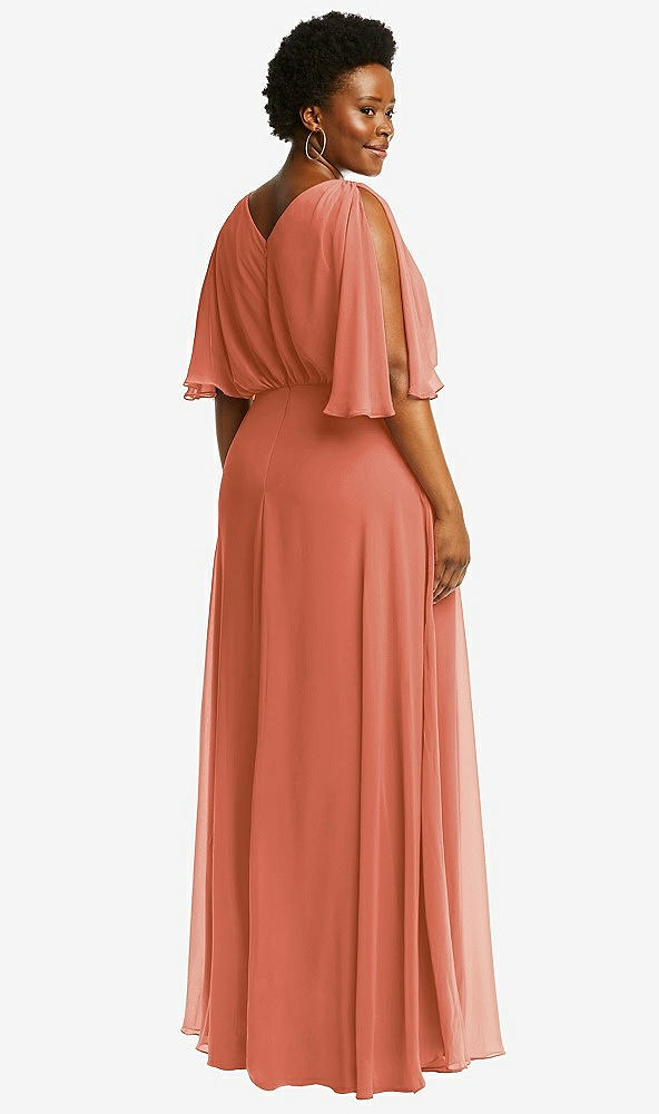 Back View - Terracotta Copper V-Neck Split Sleeve Blouson Bodice Maxi Dress