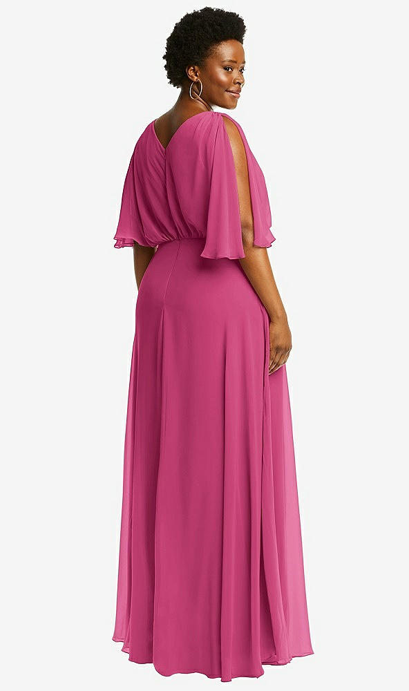 Back View - Tea Rose V-Neck Split Sleeve Blouson Bodice Maxi Dress