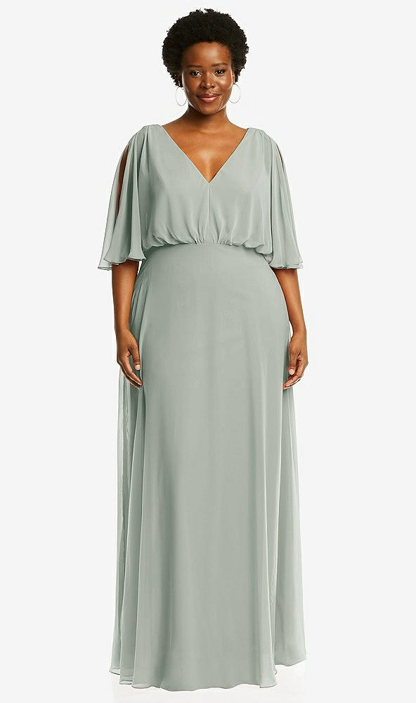 Front View - Willow Green V-Neck Split Sleeve Blouson Bodice Maxi Dress