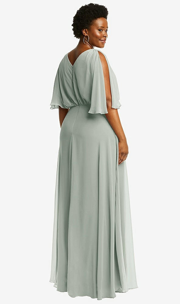 Back View - Willow Green V-Neck Split Sleeve Blouson Bodice Maxi Dress