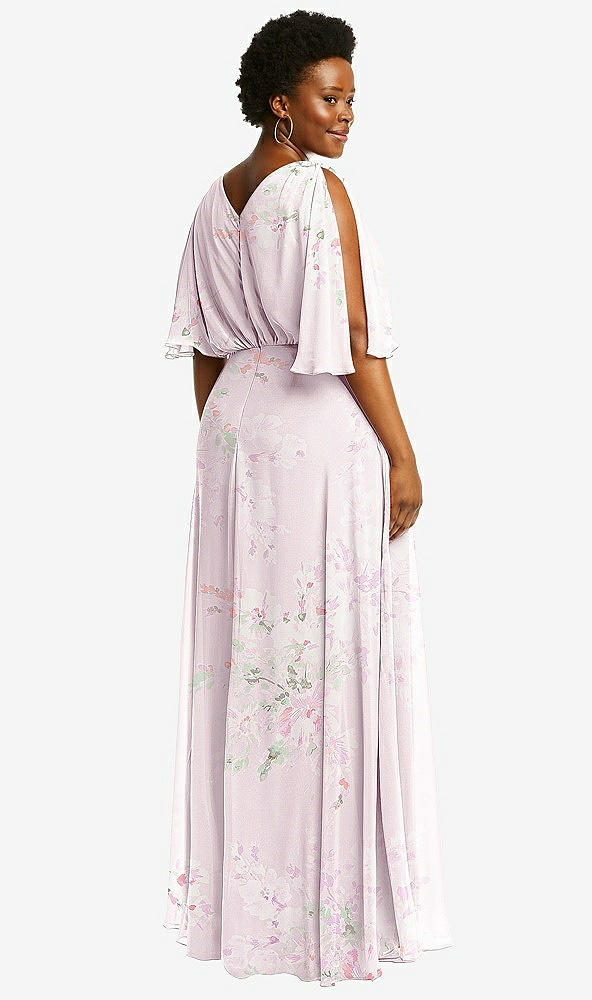 Back View - Watercolor Print V-Neck Split Sleeve Blouson Bodice Maxi Dress