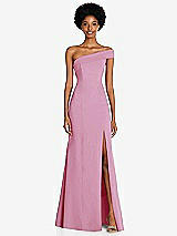 Front View Thumbnail - Powder Pink Asymmetrical Off-the-Shoulder Cuff Trumpet Gown With Front Slit