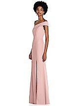 Side View Thumbnail - Rose - PANTONE Rose Quartz Asymmetrical Off-the-Shoulder Cuff Trumpet Gown With Front Slit