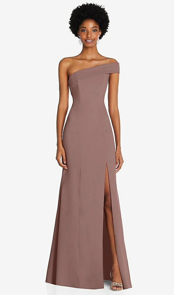 Front View - Sienna Asymmetrical Off-the-Shoulder Cuff Trumpet Gown With Front Slit