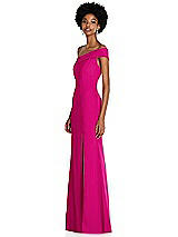 Side View Thumbnail - Think Pink Asymmetrical Off-the-Shoulder Cuff Trumpet Gown With Front Slit